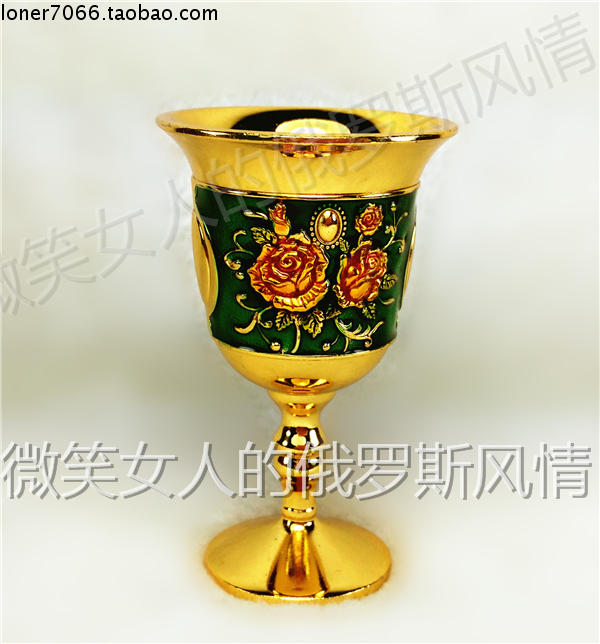 特价R42-6俄罗斯锡金属酒杯高脚金边绿色金桔玫瑰花容量6钱30毫升