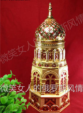 特价俄罗斯R2锡金属茶叶筒罐桶盒城堡形金红色高30厘米特大号厚重