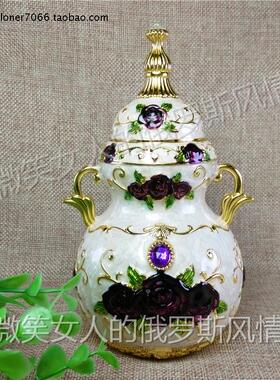 特价RW俄罗斯银锡金属牙签筒罐盒葫芦形米色紫红玫瑰花紫色钻精致