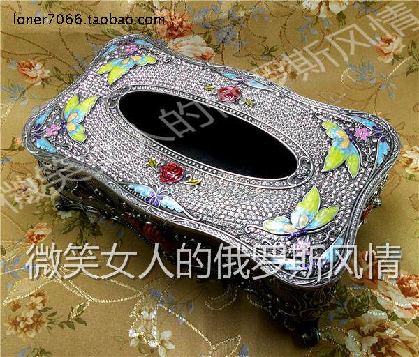 特价俄罗斯1 银锡金属抽纸巾盒长方形大号满钻古锡色侧翼蝴蝶厚重