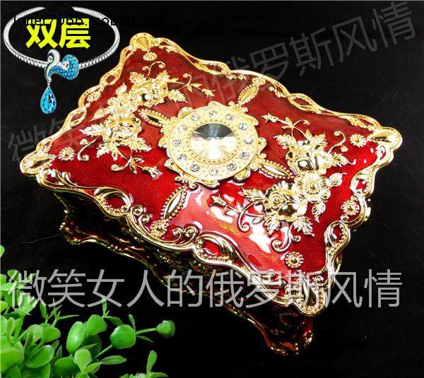 俄罗斯R3锡金属珠宝首饰盒长方形双层向日葵角圆钻金红色金玫瑰花