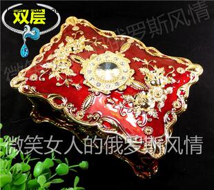 俄罗斯R3锡金属珠宝首饰盒长方形双层向日葵角圆钻金红色金玫瑰花