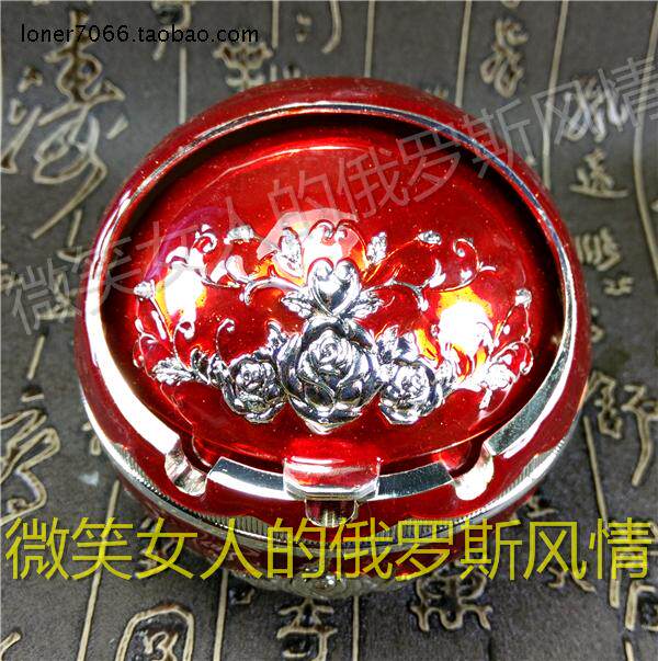 持价俄罗斯R8锡金属烟灰缸圆球形银边红色爱心玫瑰花礼盒大号厚重