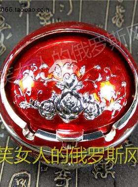 持价俄罗斯R8锡金属烟灰缸圆球形银边红色爱心玫瑰花礼盒大号厚重