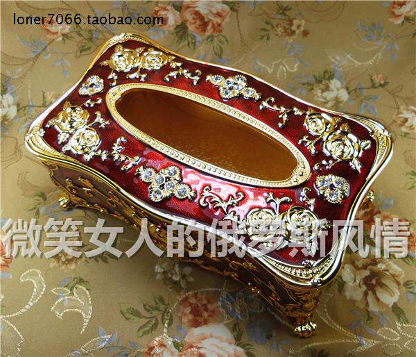 特价俄罗斯K4锡金属抽纸巾盒长方形大号高款金深红色金玫瑰花镶钻