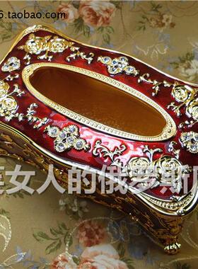 特价俄罗斯K4锡金属抽纸巾盒长方形大号高款金深红色金玫瑰花镶钻