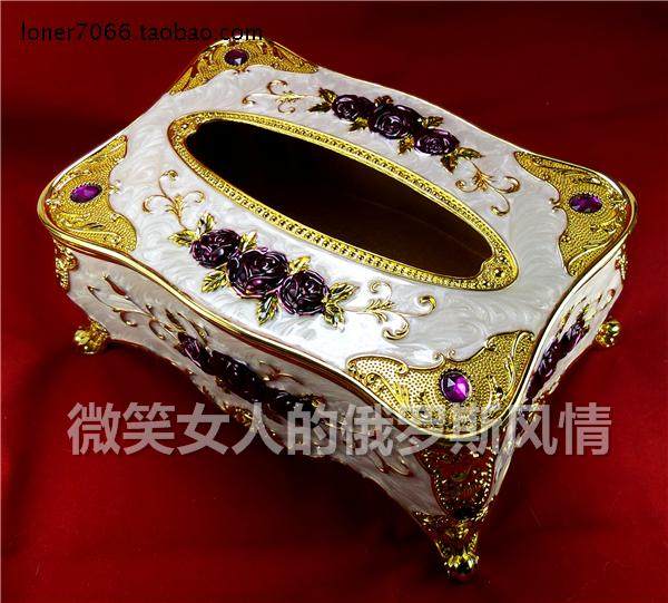 特价R5俄罗斯锡金属抽纸巾盒玫瑰花角小号金边米色底紫花厚重欧式