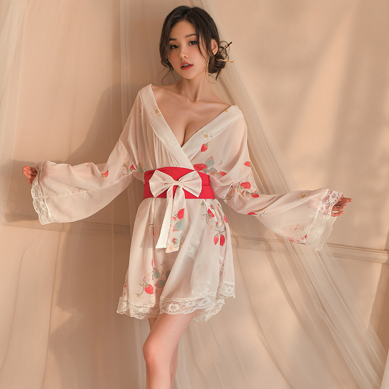 性感睡衣日式樱花和服cos温泉浴袍冰丝v领印花睡袍qq情调趣味内衣
