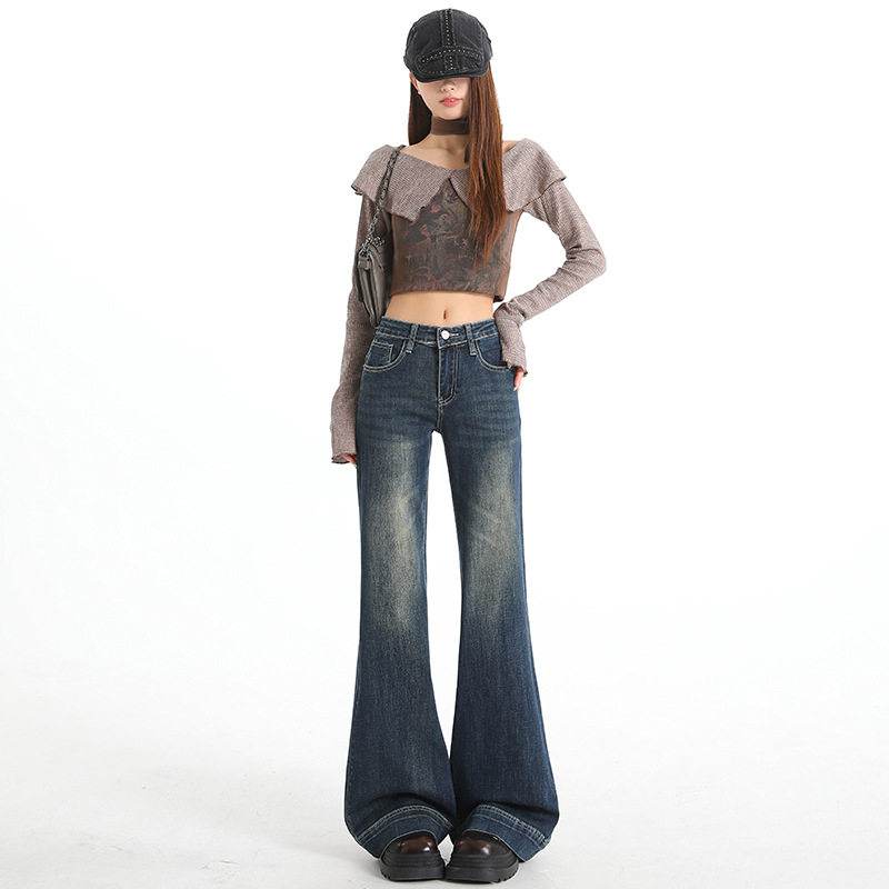 Mike&复古蓝牛仔喇叭裤女2026春季新款设计感拖地显瘦低腰微喇裤