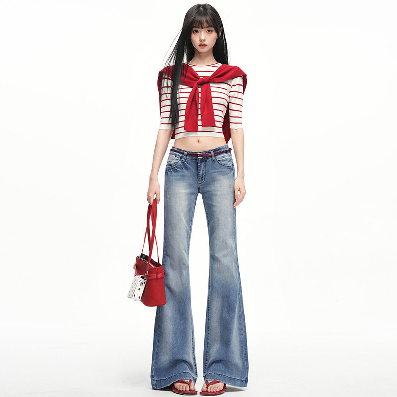 美式蓝色低腰微喇牛仔裤女2026春夏新款修身显瘦直筒喇叭裤裤主推