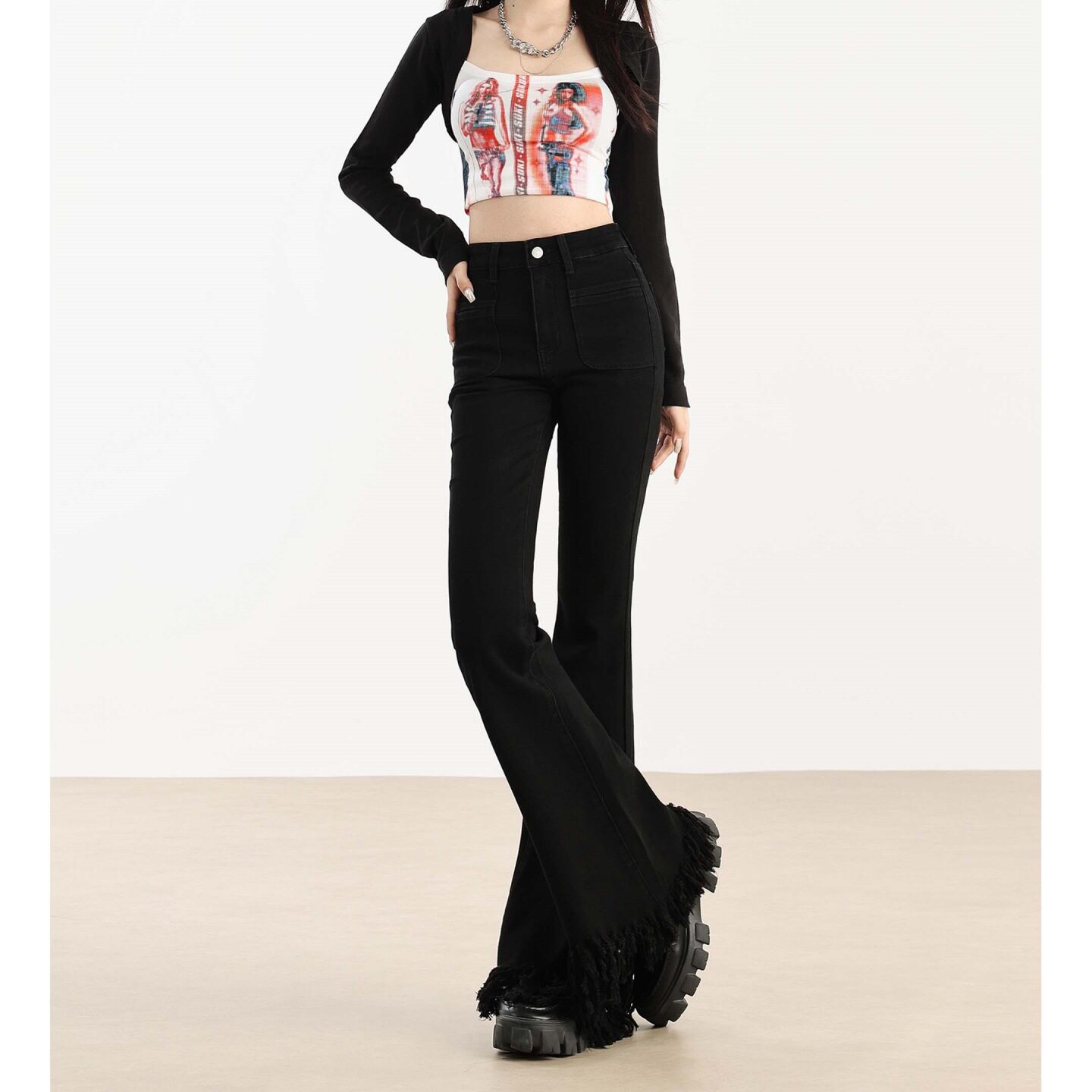 黑色流苏高腰喇叭牛仔裤女2026春季新款显瘦设计感马蹄长裤&加长