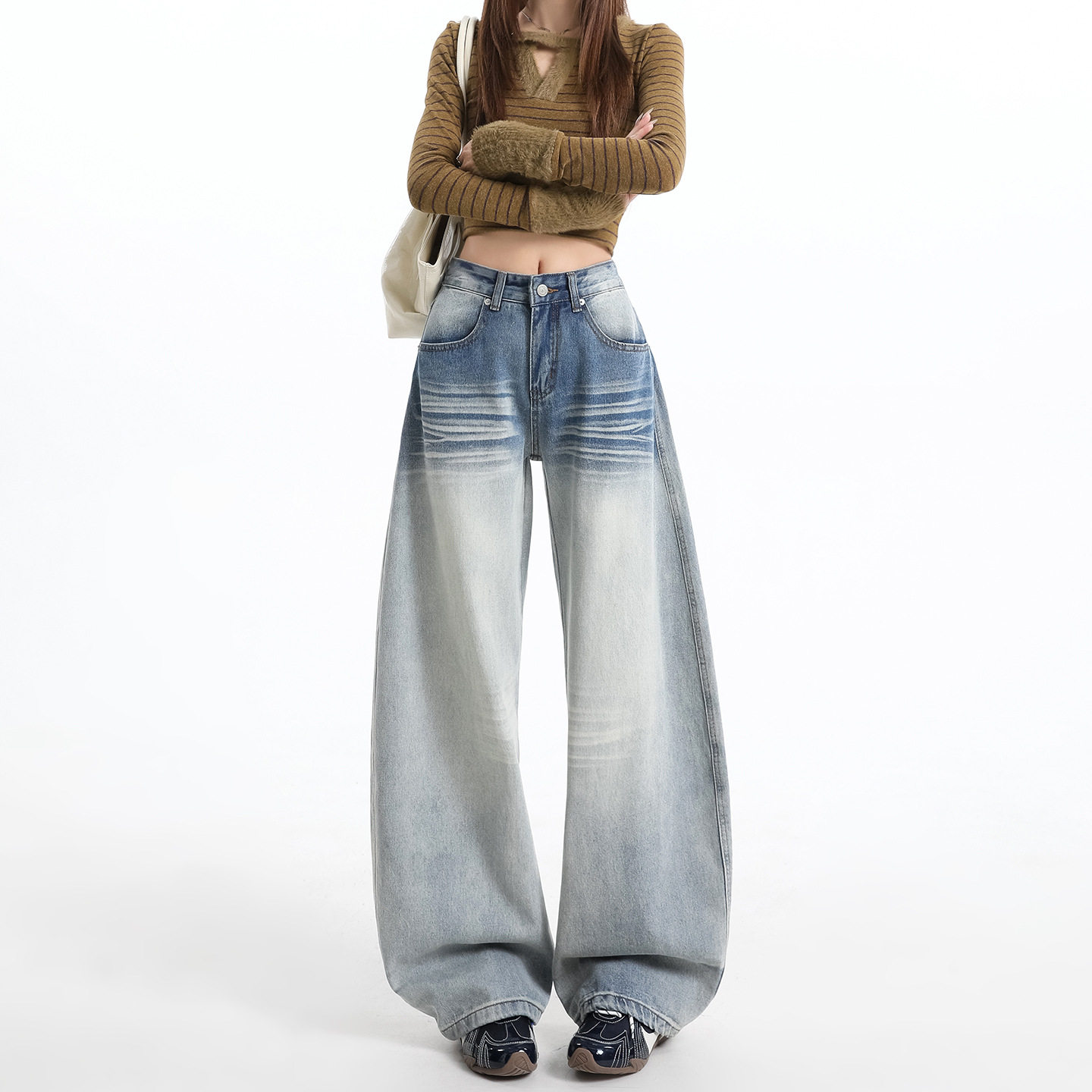 2026春季新款个性设计感高腰宽松阔腿牛仔裤女显瘦直筒宽松拖地裤
