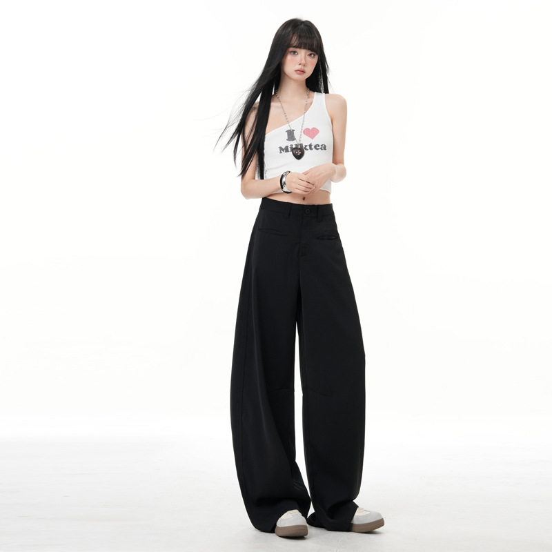 盐系休闲松弛感慵懒风高腰垂感阔腿休闲裤女宽松拖地裤黑色长裤