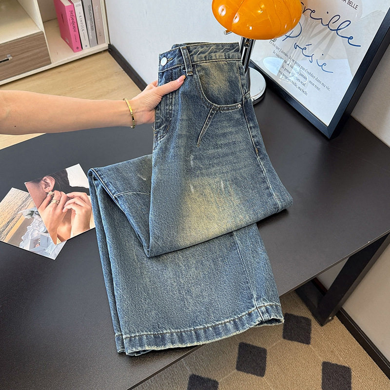 2026春装新款阔腿裤女装牛仔裤弯刀裤复古怀旧蓝牛仔长裤，加长