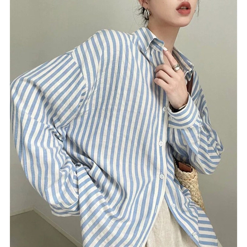 蓝色条纹防晒衬衫女夏季老钱风海边度假宽松休闲气质衬衣薄款上衣