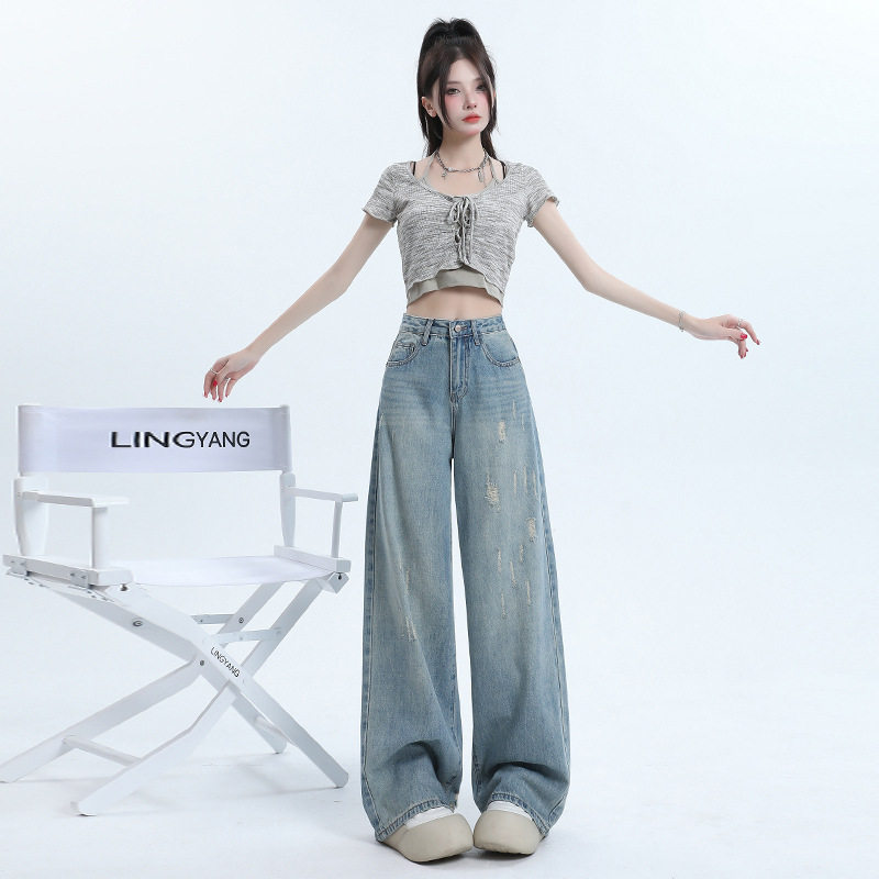 春夏磨破设计高腰破洞牛仔裤女宽松阔腿垂感显瘦2026拖地直筒长裤