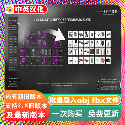 Blender插件 Batchr 1.1批量导入FBX文件obj一键材质建筑可视化