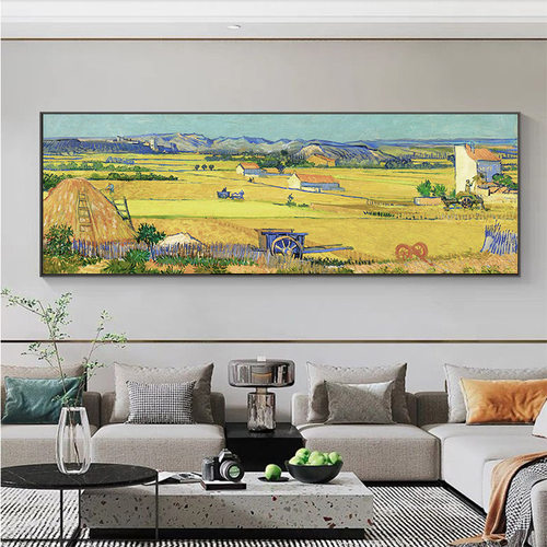 世界名画梵高简约客厅油画大气横幅长条背景墙丰收卧室床头装饰画