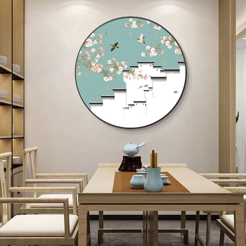 中国风圆形装饰画玄关花鸟画客厅餐厅新中式壁画饭店走廊过道挂画图片
