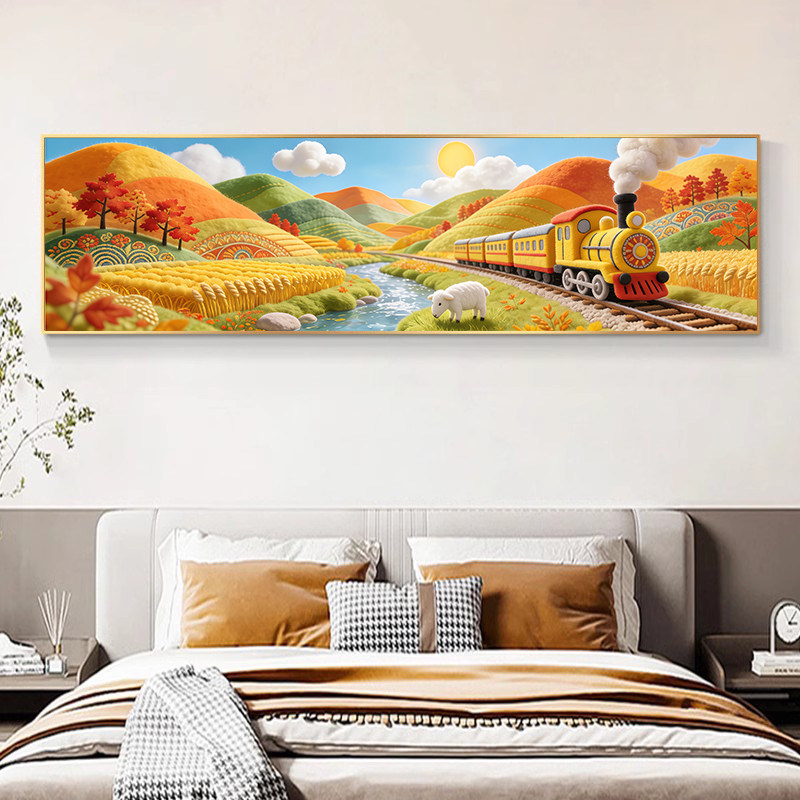 儿童卧室床头装饰画客厅背景墙挂画卡通可爱小火车秋天丰收景壁画