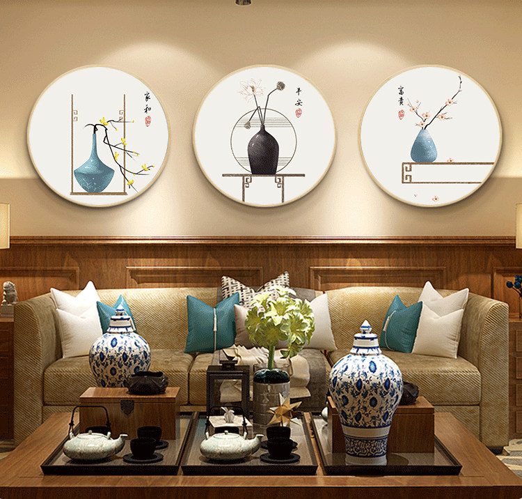 2462客厅装饰画新中式中国风挂画沙发背景墙画圆形三联画禅意壁画