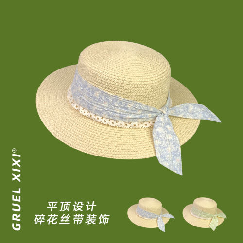 夏季平顶蕾丝蝴蝶结遮阳草帽女
