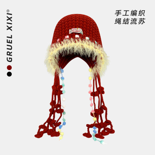 圣诞红手工毛线保暖显脸小女帽