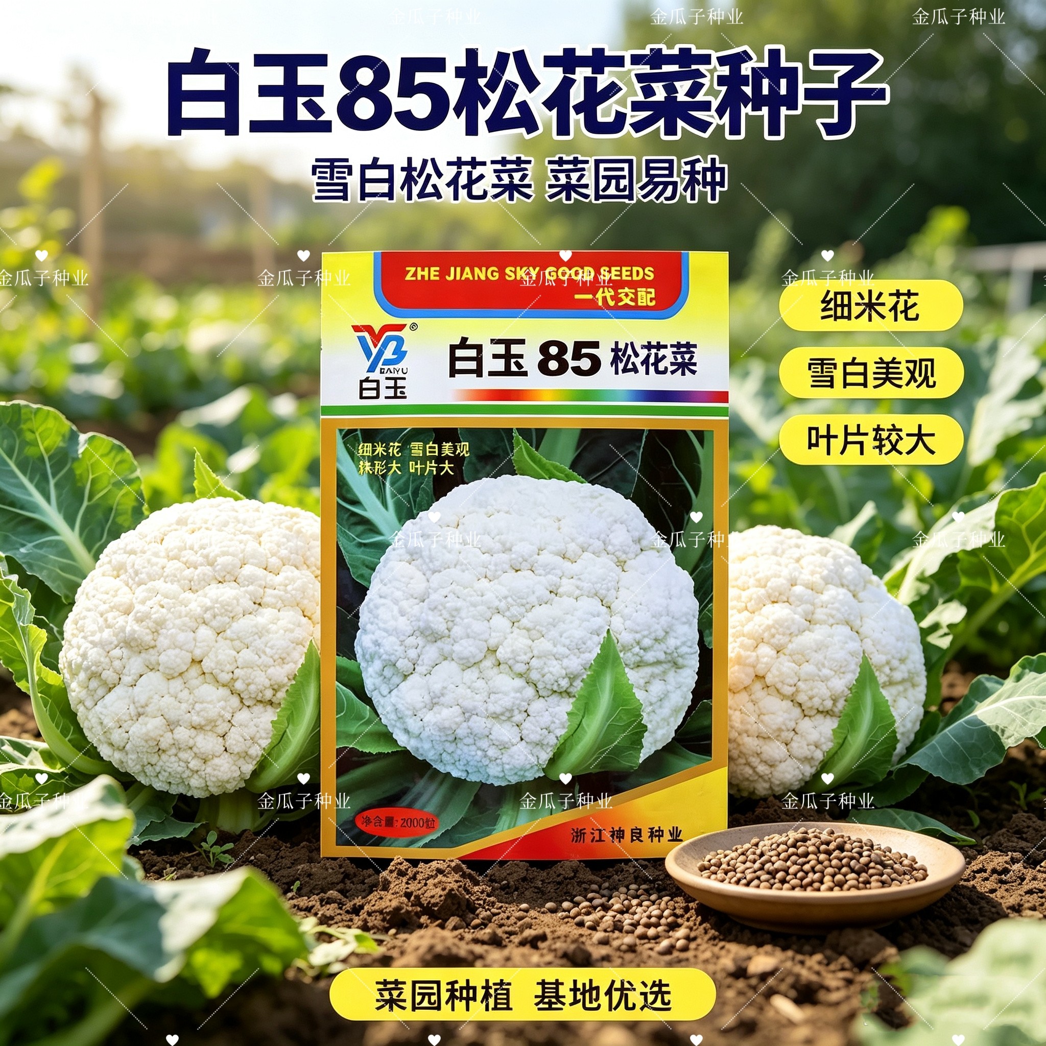 白玉85松花菜种子中熟矮脚株型大花球雪白细米花耐寒抗病春秋种植