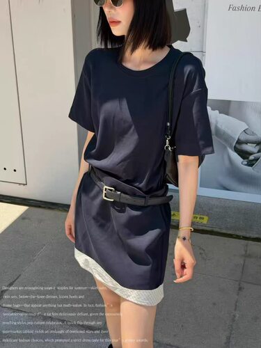 格纹拼接圆领后露腰短袖连衣裙女