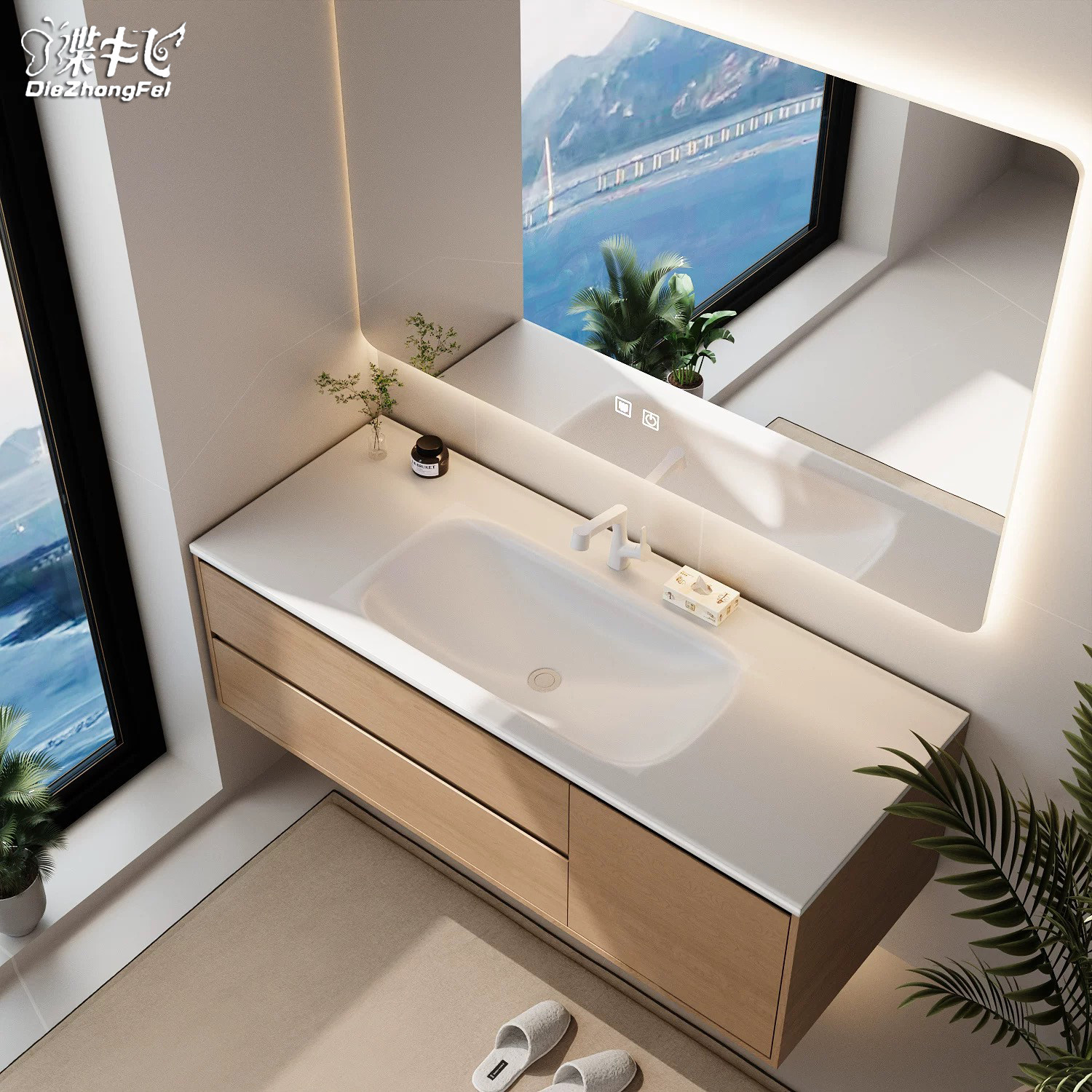 智能全铝蜂窝铝浴室柜组合洗漱台定制原木岩板热弯无缝陶瓷一体盆