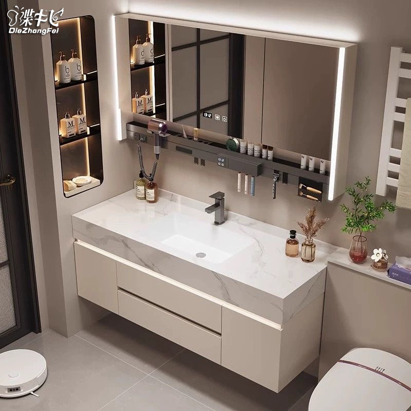 智能定制洗手洗漱台岩板热弯无缝陶瓷一体盆全铝蜂窝铝浴室柜组合