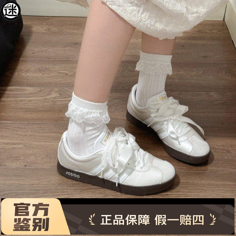球鞋定制 Adidas/阿迪达斯 Neo月光圆舞曲蕾丝蝴蝶结银白女子板鞋