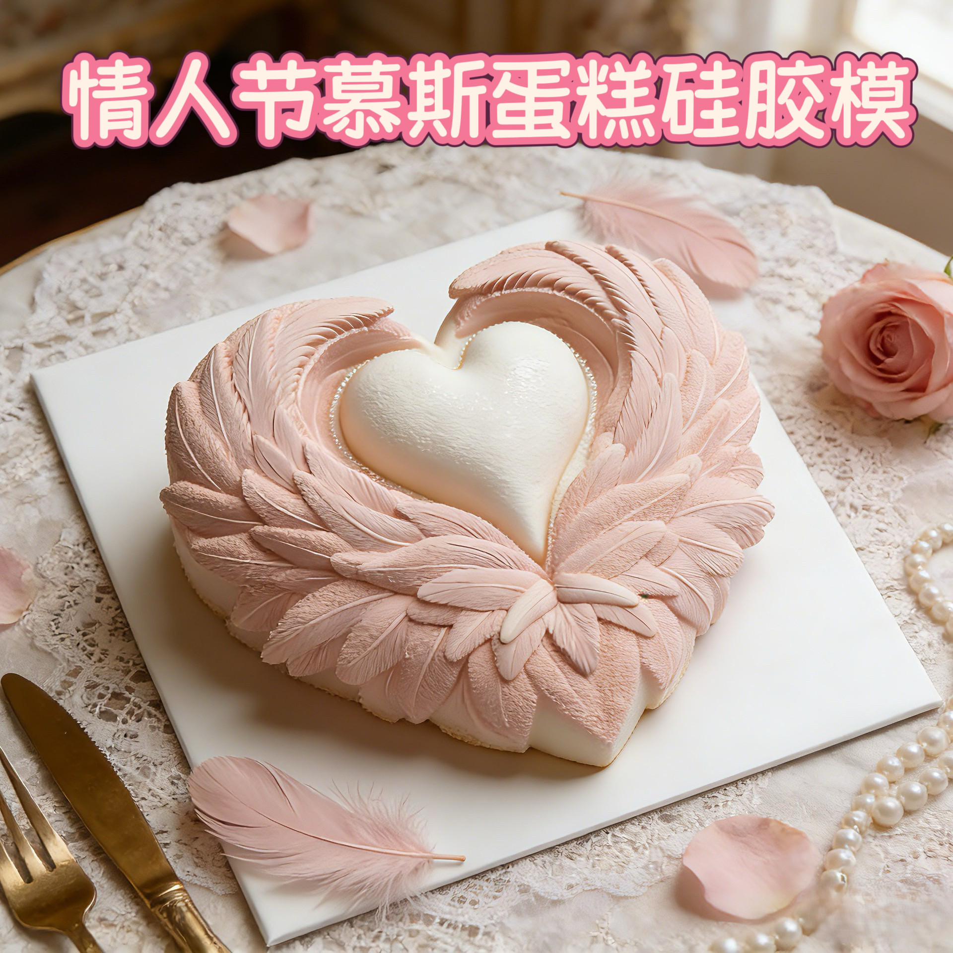 情人节慕斯硅胶模具4寸巧克力爱心形羽毛蛋糕装饰喷砂甜品烘焙模