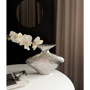 SilentWind寂风法式 高级感陶瓷银色花瓶家居插鲜花绿植仿真花摆件