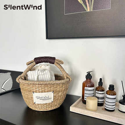 SilentWind 手工编织收纳筐家用水果杂物手提买菜篮子野餐果蔬篮