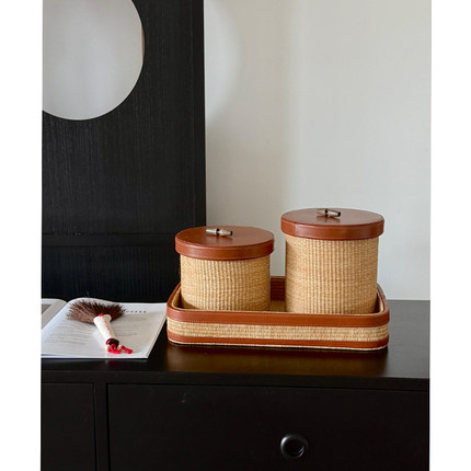 SilentWind中古风编织皮革收纳盒圆家用客厅玄关杂物整理筐储物筐