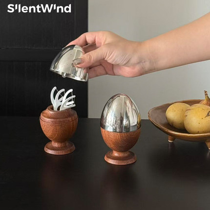 SilentWind寂风复古创意不锈钢盖实木牙签牙线棉签收纳罐茶几桌面