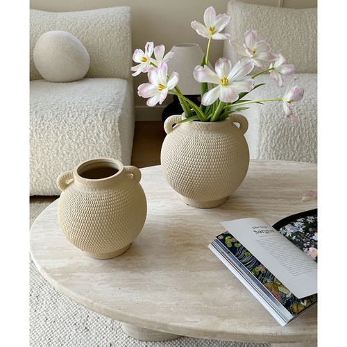 高颜值侘寂双耳陶罐肌理花器摆件