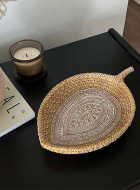 SilentWind寂风北欧复古树脂编织托盘香薰蜡烛杂物收纳盘桌面摆件