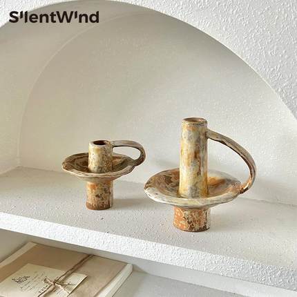 SilentWind 侘寂风复古陶瓷烛台带把手家居桌面玄关民宿装饰摆件
