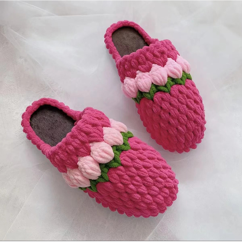 手工勾毛线拖鞋棉拖鞋郁金香花朵自制拖鞋冰条线拖鞋diy编织材料