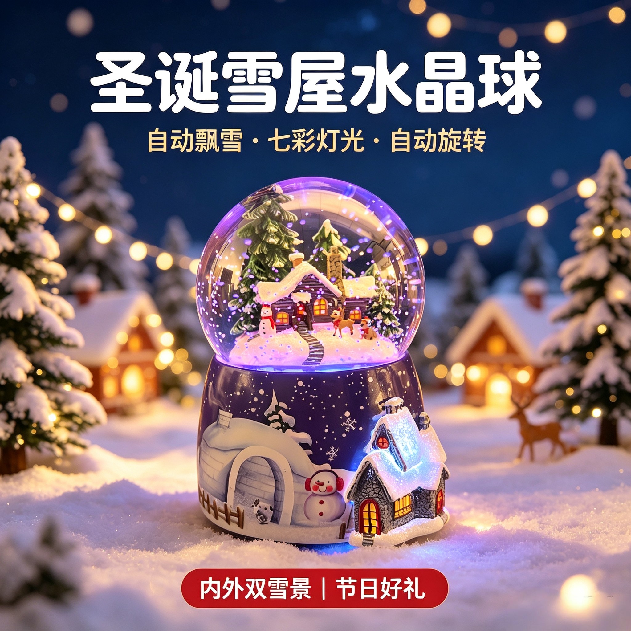 自动飘雪七彩灯旋转水晶球音乐盒