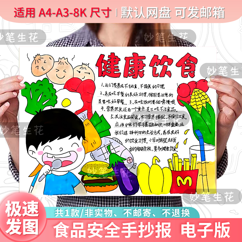 食品安全手抄报模版电子版小学生饮食健康食品安全小报黑白线稿