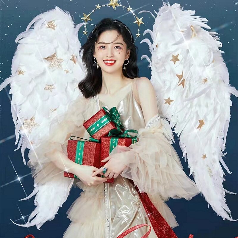 海马体圣诞照白色羽毛天使翅膀闺蜜照写真新年主题网红拍照翅膀