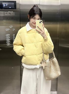 奶黄色羽绒棉服女2025冬季新款韩系慵懒风刺绣棉服小众短款外套