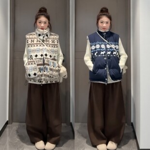 复古费尔岛风羊羔绒双面穿马甲女2026秋冬新款加厚保暖棉服外套