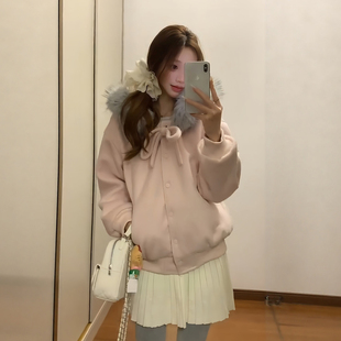 超好看甜美蝴蝶结粉色毛呢棉服女2026冬季新款夹棉小个子加厚外套