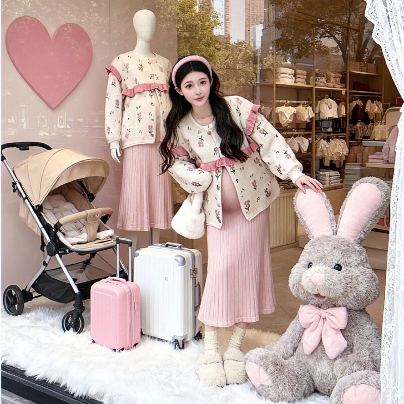 孕妇针织花朵外套+针织打底裙子