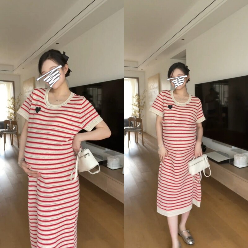 圆领2024夏短袖韩版条纹连衣裙