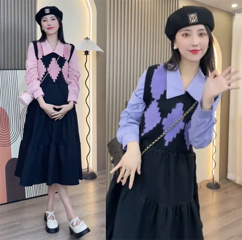 翻领2023秋季韩版宽松孕妇连衣裙